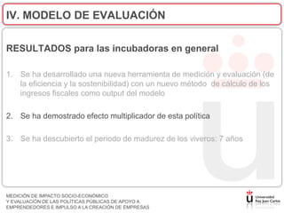 IV. MODELO DE EVALUACIÓN

RESULTADOS para las incubadoras en general

1. Se ha desarrollado una nueva herramienta de medición y evaluación (de
   la eficiencia y la sostenibilidad) con un nuevo método de cálculo de los
   ingresos fiscales como output del modelo

2. Se ha demostrado efecto multiplicador de esta política

3. Se ha descubierto el periodo de madurez de los viveros: 7 años




MEDICIÓN DE IMPACTO SOCIO-ECONÓMICO
Y EVALUACIÓN DE LAS POLÍTICAS PÚBLICAS DE APOYO A
EMPRENDEDORES E IMPULSO A LA CREACIÓN DE EMPRESAS
 