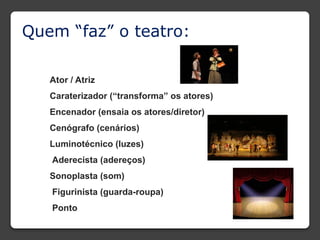 Quem “faz” o teatro:
Ator / Atriz
Caraterizador (“transforma” os atores)
Encenador (ensaia os atores/diretor)
Cenógrafo (cenários)
Luminotécnico (luzes)
Aderecista (adereços)
Sonoplasta (som)
Figurinista (guarda-roupa)
Ponto
 