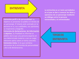 La entrevista es un texto periodístico
en el que se dan a conocer las ideas y
opiniones de un personaje mediante
un diálogo entre la persona
entrevistada y el entrevistador.Entrevista perfil o de personalidad. Su
objetivo es presentar al público el retrato de
un personaje. El interés está centrado en la
persona en sí, sus cualidades, sus opiniones,
su trayectoria y biografía
Entrevista de declaraciones, de información
u objetiva. Su finalidad es informar al
público de lo que una persona experta en
una determinada materia o con un cargo
relevante opina sobre un tema concreto.
Entrevista mixta. Es la que combina
elementos de la entrevista de personalidad
y de la de declaraciones.
 