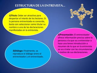ESTRUCTURA DE LA ENTREVISTA…
1)Título: Debe ser atractivo para
despertar el interés de los lectores. Si
la persona entrevistada es conocida,
basta con seleccionar como titular su
nombre o una de las declaraciones
manifestadas en la entrevista.
2)Presentación: El entrevistador
ofrece información precisa sobre la
persona a la que va a entrevistar o
hace una breve introducción o
resumen de lo que en la entrevista
se va a tratar con las circunstancias
o motivo de sus declaraciones.
3)Diálogo: Finalmente, se
reproduce el diálogo entre el
entrevistador y el entrevistado.
 
