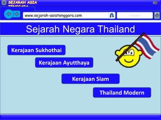 X




    www.sejarah-asiatenggara.com             Google


     Sejarah Negara Thailand

Kerajaan Sukhothai

          Kerajaan Ayutthaya

                           Kerajaan Siam

                                    Thailand Modern
 