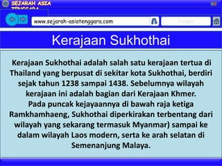 X




      www.sejarah-asiatenggara.com             Google


            Kerajaan Sukhothai
 Kerajaan Sukhothai adalah salah satu kerajaan tertua di
Thailand yang berpusat di sekitar kota Sukhothai, berdiri
  sejak tahun 1238 sampai 1438. Sebelumnya wilayah
    kerajaan ini adalah bagian dari Kerajaan Khmer.
     Pada puncak kejayaannya di bawah raja ketiga
Ramkhamhaeng, Sukhothai diperkirakan terbentang dari
 wilayah yang sekarang termasuk Myanmar) sampai ke
  dalam wilayah Laos modern, serta ke arah selatan di
                 Semenanjung Malaya.
 