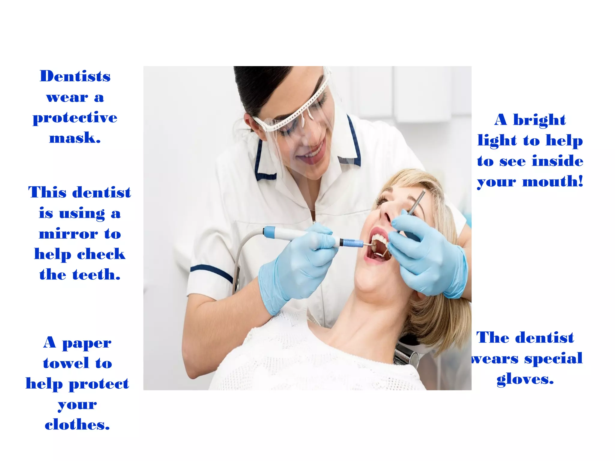 A bright
light to help
to see inside
your mouth!
A paper
towel to
help protect
your
clothes.
The dentist
wears special
gloves.
This dentist
is using a
mirror to
help check
the teeth.
Dentists
wear a
protective
mask.