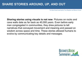 SHARE STORIES AROUND, UP, AND OUT Sharing stories using visuals is not new . Pictures on rocks and cave walls date as far back as 40,000 years. Even before early man congregated in communities, they drew pictures to tell narratives that conveyed movement and meaning and passed on wisdom across space and time. These stories allowed humans to evolve by communicating key details and messages.  