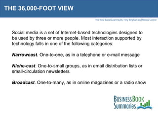 THE 36,000-FOOT VIEW Social media is a set of Internet-based technologies designed to be used by three or more people. Most interaction supported by technology falls in one of the following categories: Narrowcast . One-to-one, as in a telephone or e-mail message  Niche-cast . One-to-small groups, as in email distribution lists or small-circulation newsletters Broadcast . One-to-many, as in online magazines or a radio show 
