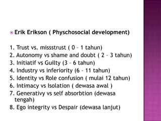  Erik Erikson ( Physchosocial development)
1. Trust vs. missstrust ( 0 – 1 tahun)
2. Autonomy vs shame and doubt ( 2 – 3 tahun)
3. Initiatif vs Guilty (3 – 6 tahun)
4. Industry vs inferiority (6 – 11 tahun)
5. Identity vs Role confusion ( mulai 12 tahun)
6. Intimacy vs Isolation ( dewasa awal )
7. Generativy vs self absorbtion (dewasa
tengah)
8. Ego integrity vs Despair (dewasa lanjut)
 
