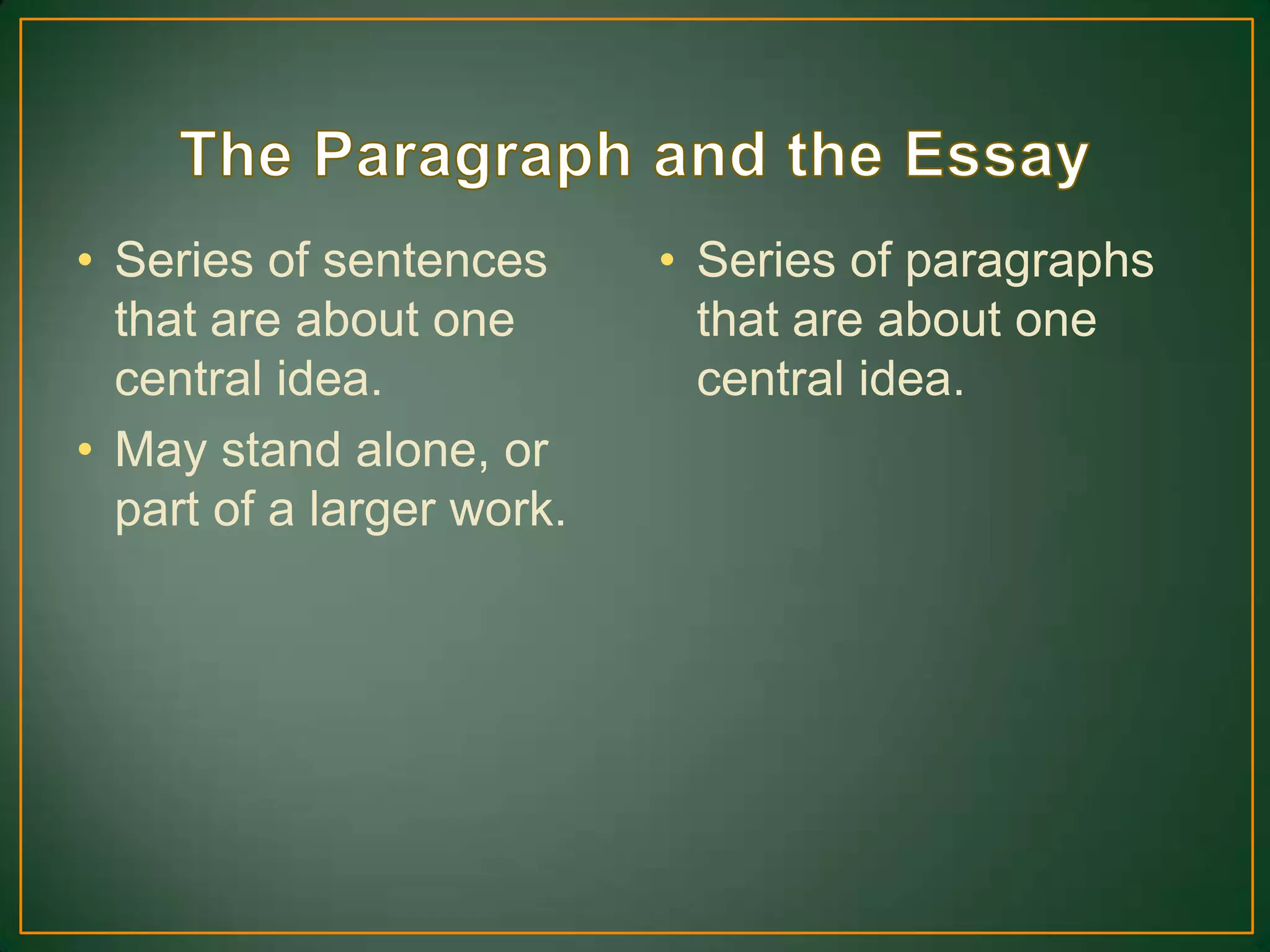 • Series of sentences
that are about one
central idea.
• May stand alone, or
part of a larger work.
• Series of paragraphs
that are about one
central idea.
 