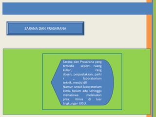 SARANA DAN PRASARANA

Sarana dan Prasarana yang
tersedia
seperti ruang
kuliah,
rang
dosen, perpustakaan, parki
r
,,
laboratorium
teknik, mesjid dll
Namun untuk laboratorium
kimia belum ada sehingga
mahasiswa
melakukan
prak.
Kimia
di
luar
lingkungan UISU.

 