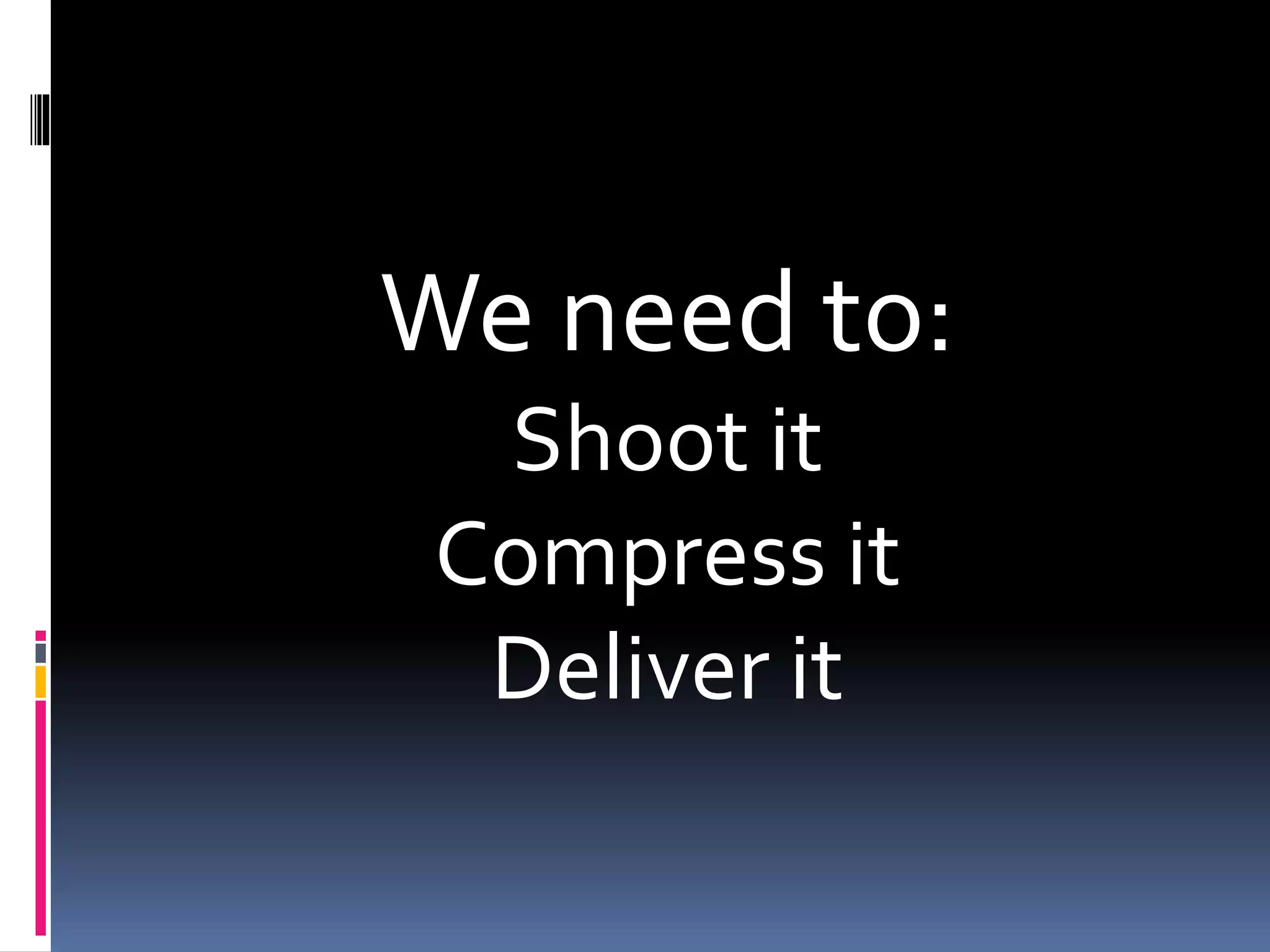 We need to:
Shoot it
Compress it
Deliver it
 