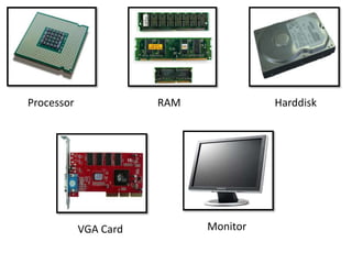 Processor              RAM             Harddisk




            VGA Card         Monitor
 