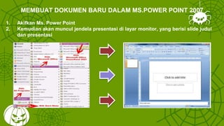 MEMBUAT DOKUMEN BARU DALAM MS.POWER POINT 2007
1. Akifkan Ms. Power Point
2. Kemudian akan muncul jendela presentasi di layar monitor, yang berisi slide judul
dan presentasi
 