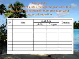 Merge Cells
menu merge cells (atau menggabungkan cells) bisa
digunakan jika kamu ingin membuat tabel yang
berbentuk seperti ini
 