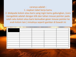 caranya adalah :
1. siapkan tabel kerja kamu
2. blokpada kolom atau baris yang ingin kamu gabungkan, (cara
mengeblok adalah dengan klik dan tahan mouse pointer pada
salah satu kolom atau baris kemudian geser mouse pointer ke
arah kolom lain ) misalnya seperti gambar di bawah ini
 