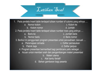 Latihan SoalLatihan Soal
1. Pada jendela Insert table terdapat tulisan number of culoms yang artinya ....
a. Nomor kolom c. Kolom ke
b. Kolom nomor d. Jumlah
2. Pada jendela Insert table terdapat tulisan number rows yang artinya ....
a. Baris ke c. Jumlah baris
b. Nomor baris d. Baris nomor
3. Berikut ini penggunaan program presentasi untuk perusahaan ,kecuali ....
a. Peremajaan armada c. Daftar pemasukan
b. Pabrik baja d. Daftar perpus
4. Program presentasi bermanfaat bagi pembicara yaitu sebagai ....
a. Acuan untuk memberi arah dan pengembangan materi presentasi
b. Materi utama
c. Alat bantu fariatif
d. Bahan gambaran bagi peserta
 