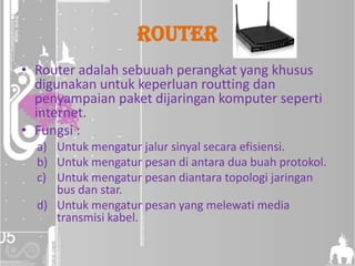 2. Modemadalah alat yang digunakan  untuk mengubah sinyal analog menjadi digital dan sebaliknya	Modem terbagi menjadi berikut :		1.Amplitude Modulation (AM).		2.Frequency Modulation (FM).		3.Pulse Modulation (PM). 	Modulasi pulsa dibedakan menjadi berikut:		1.PAM (Pulse Amplitude Modulation)		2.PPM  (Pulse Position Modulation)		3.PWM (Pulse Width Modulation)		4.Digital Modulation