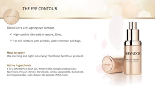 How to apply
Use morning and night, observing The Global Eye Ritual protocol.
Active ingredients
5 GFs, 50M Damask Rose SCs, White truffle, Soluble proteoglycans,
Teprenone, Persian silk tree, Darutoside, Jambu, Lipopeptide, Buckwheat,
Dermosaccharides, Oats, Botulin-like peptide, Witch-hazel.
Global ultra anti-ageing eye contour.
✓ High-comfort silky melt-in texture, 20 mL
✓ For eye contours with wrinkles, water retention and bags.
THE EYE CONTOUR
 
