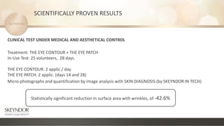 CLINICAL TEST UNDER MEDICAL AND AESTHETICAL CONTROL
Treatment: THE EYE CONTOUR + THE EYE PATCH
In-Use Test: 25 volunteers, 28 days.
THE EYE CONTOUR: 2 applic./ day
THE EYE PATCH: 2 applic. (days 14 and 28)
Micro-photographs and quantification by image analysis with SKIN DIAGNOSIS (by SKEYNDOR IN TECH)
Statistically significant reduction in surface area with wrinkles, of -42.6%
SCIENTIFICALLY PROVEN RESULTS
 