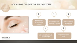 ADVICE FOR CARE OF THE EYE CONTOUR
PROTECTION
WITH SPECIFIC
CREAMS
NEEDS GREATER
HYDRATION
DO NOT USE THE
SAME FACE CREAM
1 2 3
USE A SPECIFIC MAKE-
UP REMOVER
4
APPLICATION WITH
TAPS
5
 