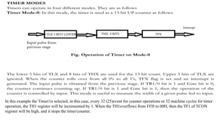 In this example the Timer1is selected, in this case, every 32 (25)event for counter operations or 32 machine cycles for timer
operation, the TH1 register will be incremented by 1. When the TH1overflows from FFH to 00H, then the TF1 of TCON
register will be high, and it stops the timer/counter.
 