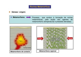 Rochas MetamórficasRochas Metamórficas
Génese / origem:Génese / origem:
MetamorfismoMetamorfismo Processo que conduz à formação de rochas
metamórficas, pela acção dos agentes de
metamorfismo (temperaturas e pressões elevadas).
Força Força
Metamorfismo de contacto Metamorfismo regional
 