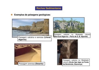 Rochas SedimentaresRochas Sedimentares
Exemplos de paisagens geológicas:Exemplos de paisagens geológicas:
Paisagem calcária ou Modelado cársico
Paisagem calcária e arenosa (Litoral
Algarvio)
Paisagem arenosa (Deserto)
Paisagem calcária ou Modelado cársico
(Barrocal Algarvio – Perto de S. B. Alportel)
Paisagem calcária ou Modelado
cársico (Gruta tipo lapa na Fonte
da Benémola, Querença)
 