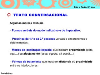 Dito e Feito, 6.º ano



                TEXTO CONVERSACIONAL

          Algumas marcas textuais

         – Formas verbais do modo indicativo e do imperativo;


          – Presença da 1.ª e da 2.ª pessoas verbais e em pronomes e
          determinantes;

          – Modos de localização espacial que indicam proximidade (este,
          aqui…) ou afastamento (esse, aquele, ali, acolá…);

          – Formas de tratamento que mostram distância ou proximidade
          entre os interlocutores.

Porto Editora
 