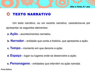 Dito e Feito, 6.º ano



                TEXTO NARRATIVO
       
                Um texto narrativo, ou um excerto narrativo, caracteriza ‑se por
      apresentar os seguintes elementos:

       a. Ação – acontecimentos narrados;

          b. Narrador – entidade que conta a história, que apresenta a ação;

          c. Tempo – momento em que decorre a ação;

       d. Espaço – lugar ou lugares onde se desenvolve a ação;


       e. Personagens – entidades que intervêm na ação narrada.

Porto Editora
 