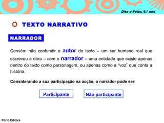 Dito e Feito, 6.º ano



                TEXTO NARRATIVO

     NARRADOR

     Convém não confundir o   autor do texto – um ser humano real que
     escreveu a obra – com o narrador – uma entidade que existe apenas
     dentro do texto como personagem, ou apenas como a “voz” que conta a
     história.

      Considerando a sua participação na acção, o narrador pode ser:


                      Participante         Não participante




Porto Editora
 