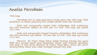 Analisa Percobaan
Titik Asap
Percobaan kali ini yaitu penentuan smoke point atau titik asap. Pada
praktikum ini bahan yang diuji dan sampel adalah Solar dan Kerosine.
Pada saat menganalisa sampel Solar didapatkan titik maksimum
dan titik minimum sebesar 25 mm dan 8,5 mm. Titik asap nya adalah
14,5 mm
Pada saat menganalisa Sampel Kerosine didapatkan titik maksimum
dan titik minimum nya sebesar 23 mm dan 13 mm. Titik asap nya adalah
19,5 mm
Menurut SK Dirjen Migas tahun 2020 tentang standar dan mutu
BBM jenis minyak tanah yang dipasarkan dalam negri memiliki spesifikasi
titik asap 15 mm Serta menurut SK Dirjen Migas tahun 2016 dan 2019
tentang bahan bakar solar tidak terdapat adanya titik asap.
 