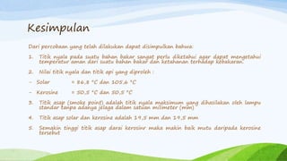 Kesimpulan
Dari percobaan yang telah dilakukan dapat disimpulkan bahwa:
1. Titik nyala pada suatu bahan bakar sangat perlu diketahui agar dapat mengetahui
temperatur aman dari suatu bahan bakar dan ketahanan terhadap kebakaran.
2. Nilai titik nyala dan titik api yang diproleh :
- Solar = 86,8 °C dan 105,6 °C
- Kerosine = 50,5 °C dan 50,5 °C
3. Titik asap (smoke point) adalah titik nyala maksimum yang dihasilakan oleh lampu
standar tanpa adanya jelaga dalam satuan milimeter (mm)
4. Titik asap solar dan kerosine adalah 19,5 mm dan 19,5 mm
5. Semakin tinggi titik asap darai kerosinr maka makin baik mutu daripada kerosine
tersebut
 
