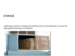 STORAGE 
Coffee beans remain in storage until shipment time to the distributor, to ensure the 
high quality of the beans are attained 
 