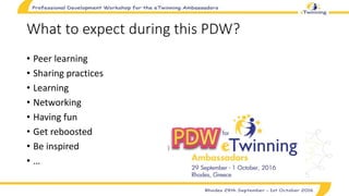 What to expect during this PDW?
• Peer learning
• Sharing practices
• Learning
• Networking
• Having fun
• Get reboosted
• Be inspired
• …
 