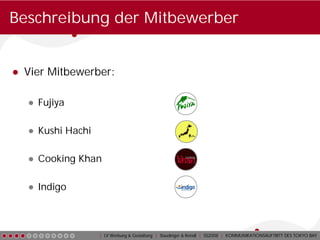 Beschreibung der Mitbewerber


● Vier Mitbewerber:

  ● Fujiya

  ● Kushi Hachi

  ● Cooking Khan

  ● Indigo



                  | LV Werbung & Gestaltung | Staudinger & Reindl | SS2008 | KOMMUNIKATIONSAUFTRITT DES TOKYO BAY
 