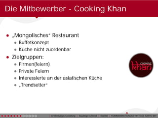 Die Mitbewerber - Cooking Khan


● „Mongolisches“ Restaurant
  ● Buffetkonzept
  ● Küche nicht zuordenbar
● Zielgruppen:
  ●   Firmen(feiern)
  ●   Private Feiern
  ●   Interessierte an der asiatischen Küche
  ●   „Trendsetter“




                   | LV Werbung & Gestaltung | Staudinger & Reindl | SS2008 | KOMMUNIKATIONSAUFTRITT DES TOKYO BAY
 