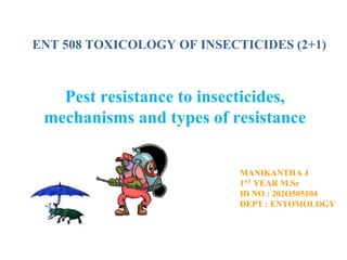 ENT 508 TOXICOLOGY OF INSECTICIDES (2+1)
Pest resistance to insecticides,
mechanisms and types of resistance
MANIKANTHA J
1ST YEAR M.Sc
ID NO : 202O505104
DEPT : ENTOMOLOGY
 