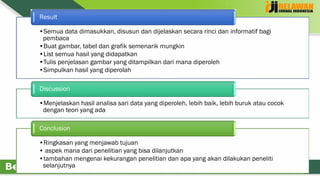 11
•Semua data dimasukkan, disusun dan dijelaskan secara rinci dan informatif bagi
pembaca
•Buat gambar, tabel dan grafik semenarik mungkin
•List semua hasil yang didapatkan
•Tulis penjelasan gambar yang ditampilkan dari mana diperoleh
•Simpulkan hasil yang diperolah
Result
•Menjelaskan hasil analisa sari data yang diperoleh, lebih baik, lebih buruk atau cocok
dengan teori yang ada
Discussion
•Ringkasan yang menjawab tujuan
• aspek mana dari penelitian yang bisa dilanjutkan
•tambahan mengenai kekurangan penelitian dan apa yang akan dilakukan peneliti
selanjutnya
Conclusion
 