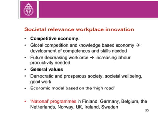 35
Societal relevance workplace innovation
• Competitive economy:
• Global competition and knowledge based economy 
development of competences and skills needed
• Future decreasing workforce  increasing labour
productivity needed
• General values
• Democratic and prosperous society, societal wellbeing,
good work
• Economic model based on the ‘high road’
• ‘National’ programmes in Finland, Germany, Belgium, the
Netherlands, Norway, UK, Ireland, Sweden
 