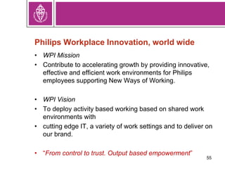 Philips Workplace Innovation, world wide
• WPI Mission
• Contribute to accelerating growth by providing innovative,
effective and efficient work environments for Philips
employees supporting New Ways of Working.
• WPI Vision
• To deploy activity based working based on shared work
environments with
• cutting edge IT, a variety of work settings and to deliver on
our brand.
• “From control to trust. Output based empowerment”
55
 