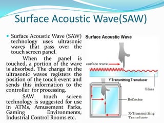 Surface Acoustic Wave(SAW)
 Surface Acoustic Wave (SAW)

technology uses ultrasonic
waves that pass over the
touch screen panel.
When the panel is
touched, a portion of the wave
is absorbed. The change in the
ultrasonic waves registers the
position of the touch event and
sends this information to the
controller for processing.
SAW
touch
screen
technology is suggested for use
in ATMs, Amusement Parks,
Gaming
Environments,
Industrial Control Rooms etc.

 