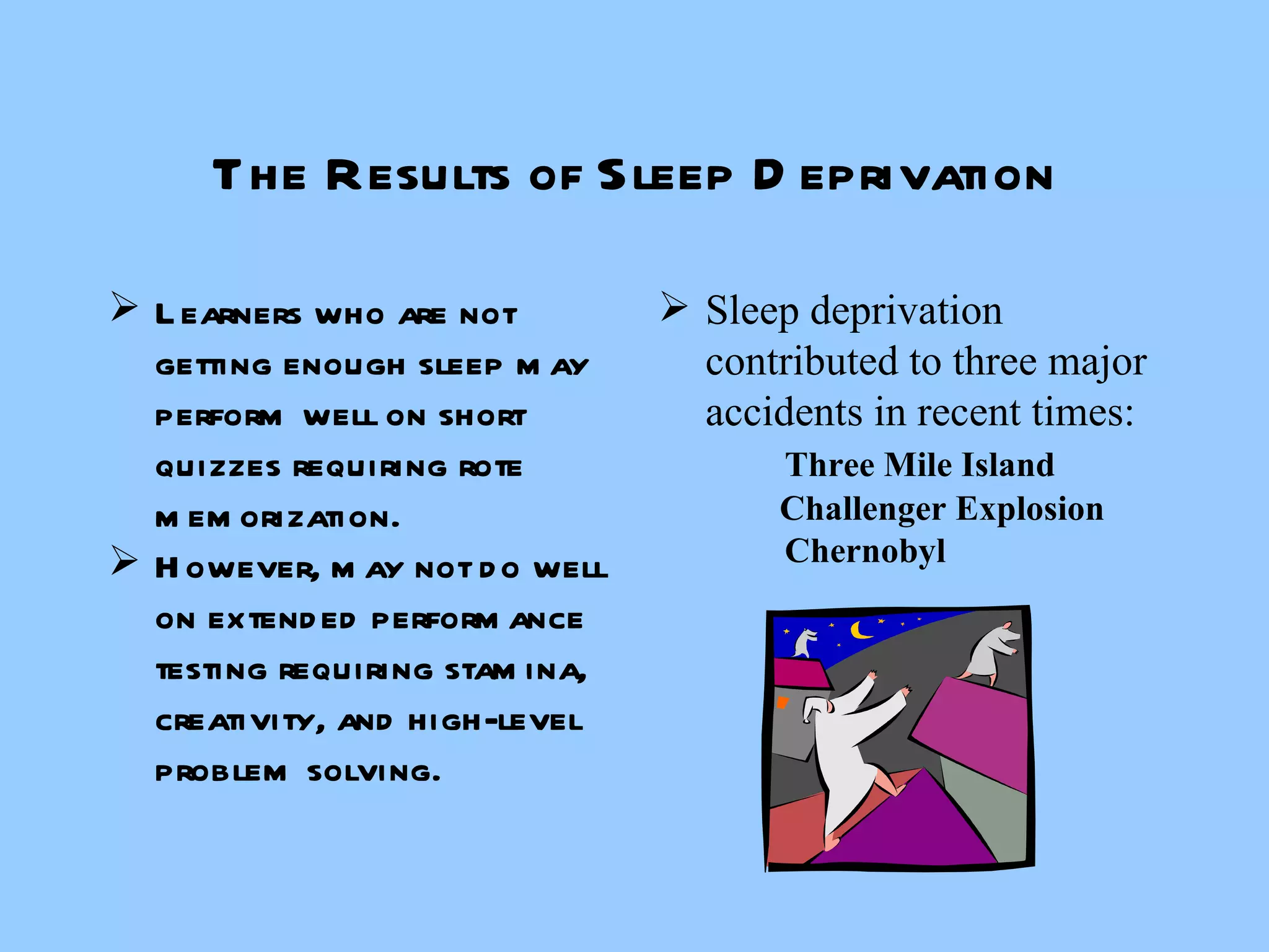 The Results of Sleep Deprivation Learners who are not getting enough sleep may perform well on short quizzes requiring rote memorization. However, may not do well on extended performance testing requiring stamina, creativity, and high-level problem solving. Sleep deprivation contributed to three major accidents in recent times: Three Mile Island   Challenger Explosion Chernobyl 