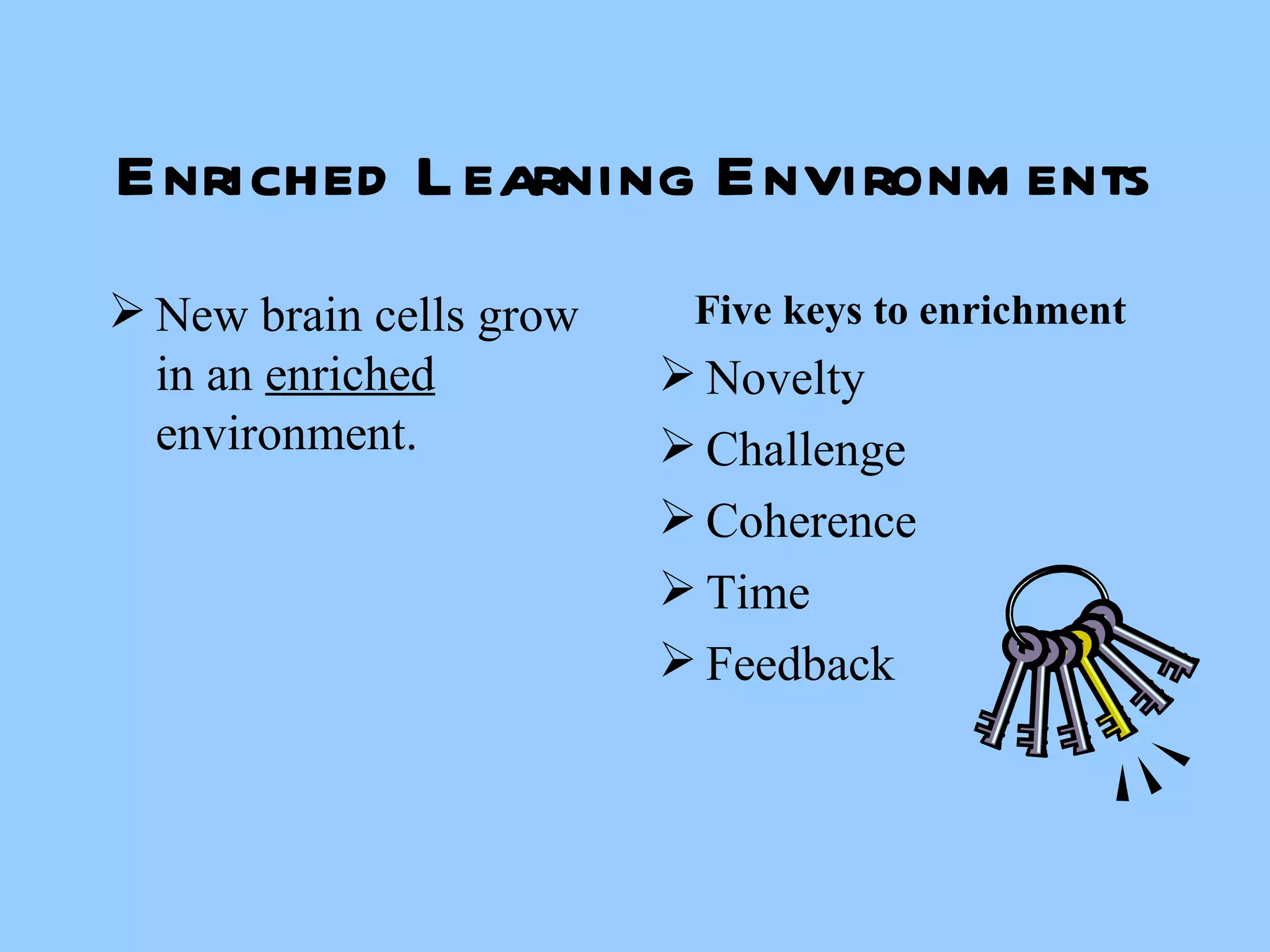 Enriched Learning Environments New brain cells grow in an  enriched  environment. Five keys to enrichment Novelty Challenge Coherence Time Feedback 