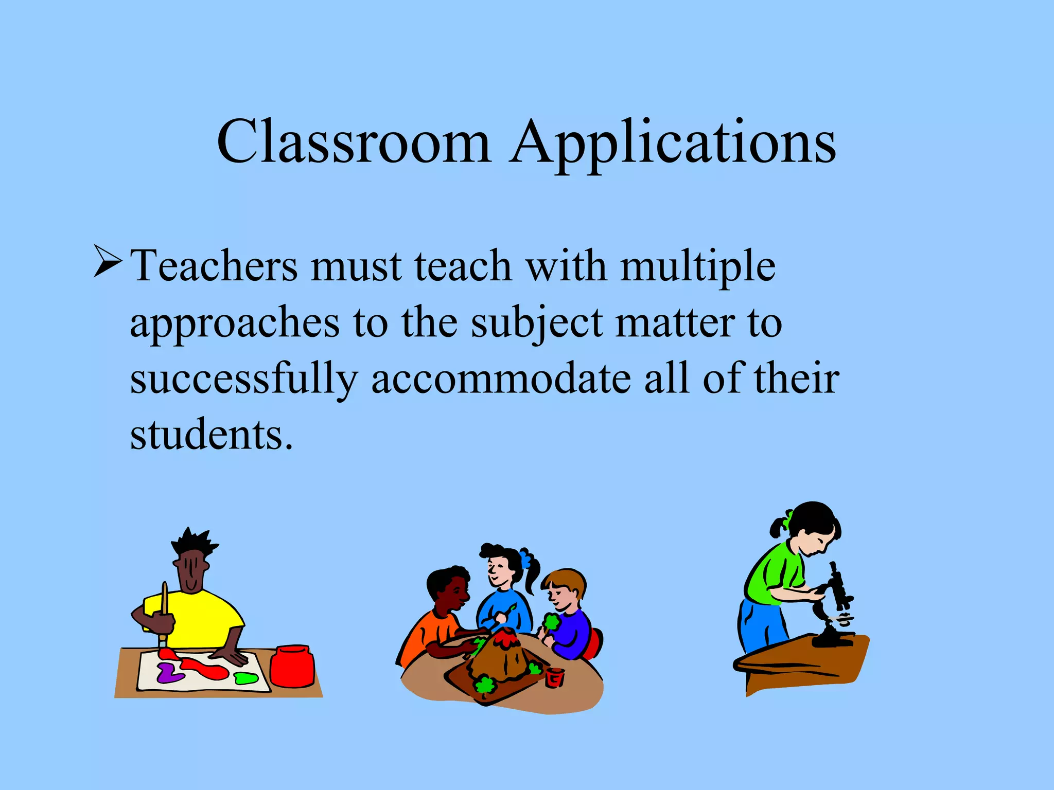 Classroom Applications Teachers must teach with multiple approaches to the subject matter to successfully accommodate all of their students. 