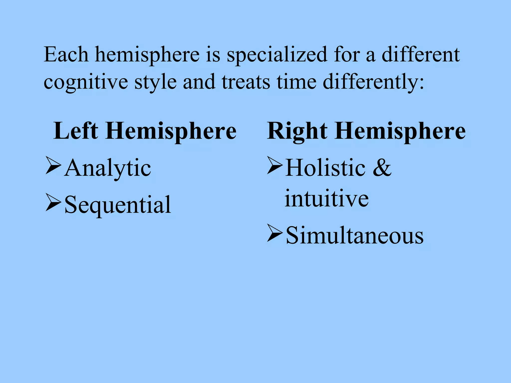 Each hemisphere is specialized for a different cognitive style and treats time differently: Left Hemisphere Analytic Sequential Right Hemisphere Holistic & intuitive Simultaneous 