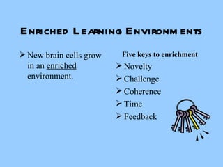 Enriched Learning Environments New brain cells grow in an  enriched  environment. Five keys to enrichment Novelty Challenge Coherence Time Feedback 