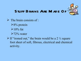 Stuff Brains Are Made Of The brain consists of : 8% protein 10% fat 72% water   If “ironed out,” the brain would be a 2 ½ square foot sheet of soft, fibrous, electrical and chemical activity. 