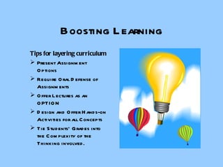Boosting Learning Tips for layering curriculum Present Assignment Options Require Oral Defense of Assignments Offer Lectures as an OPTION Design and Offer Hands-on Activities for all Concepts Tie Students’ Grades into the Complexity of the Thinking involved. 