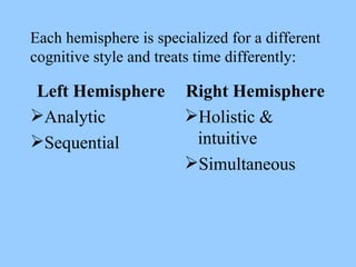 Each hemisphere is specialized for a different cognitive style and treats time differently: Left Hemisphere Analytic Sequential Right Hemisphere Holistic & intuitive Simultaneous 