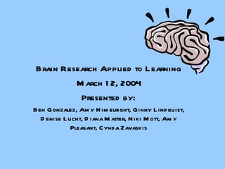 Brain Research Applied to Learning March 12, 2004 Presented by: Ben Gonzalez, Amy Himelright, Ginny Lindquist, Denise Lucht, Diana Matter, Niki Mott, Amy Pleasant, Cynda Zavaskis 