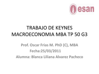 TRABAJO DE KEYNES MACROECONOMIA MBA TP 50 G3 Prof. Oscar Frias M. PhD (C), MBA Fecha:25/03/2011	 Alumna: Blanca Liliana Alvarez Pacheco 
