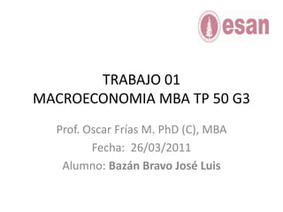 TRABAJO 01MACROECONOMIA MBA TP 50 G3 Prof. Oscar Frías M. PhD (C), MBA Fecha:  26/03/2011 Alumno: Bazán Bravo José Luis 